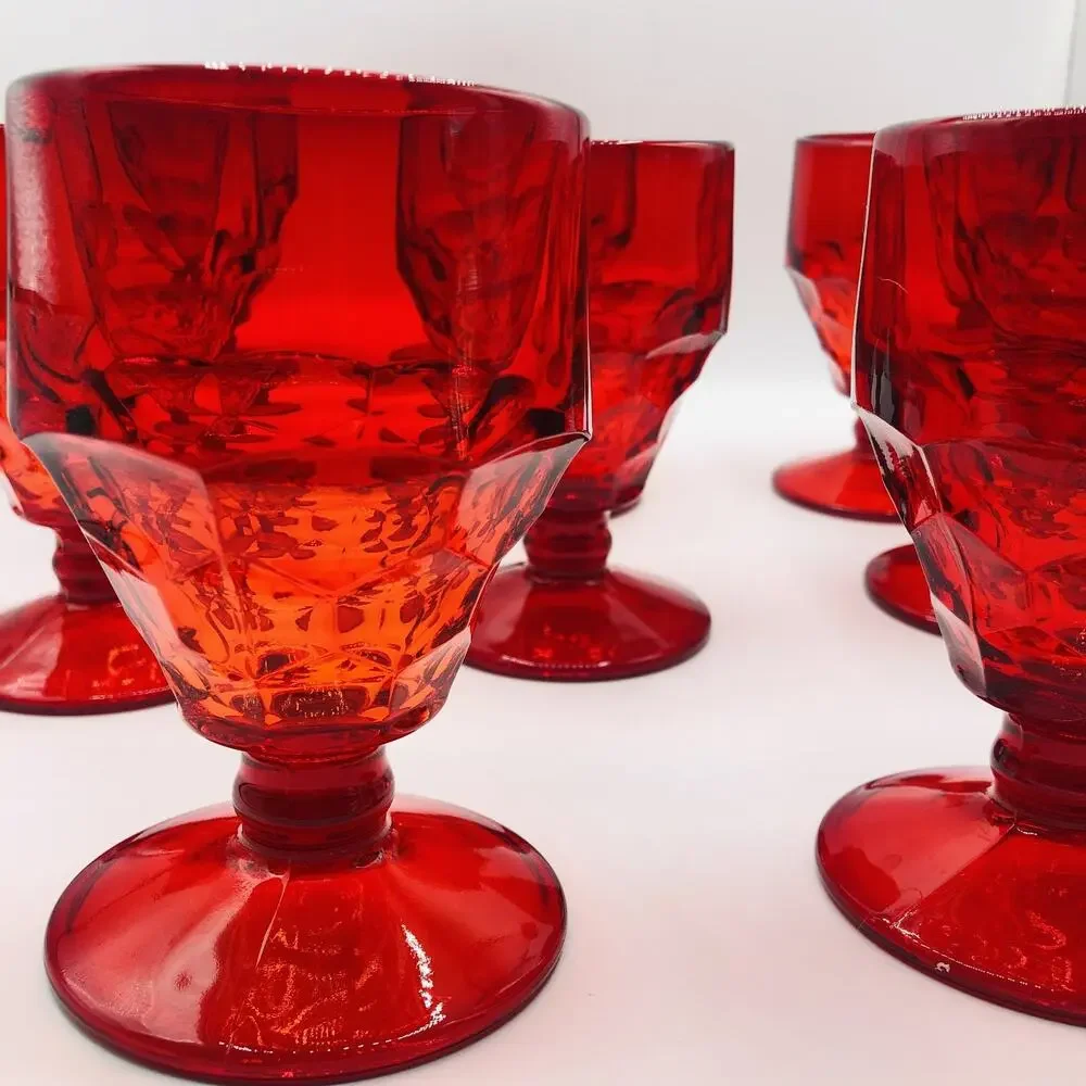 8 Vtg Ruby Red Octagonal Glass Goblets MCM Diamond Geometric Glasses 5